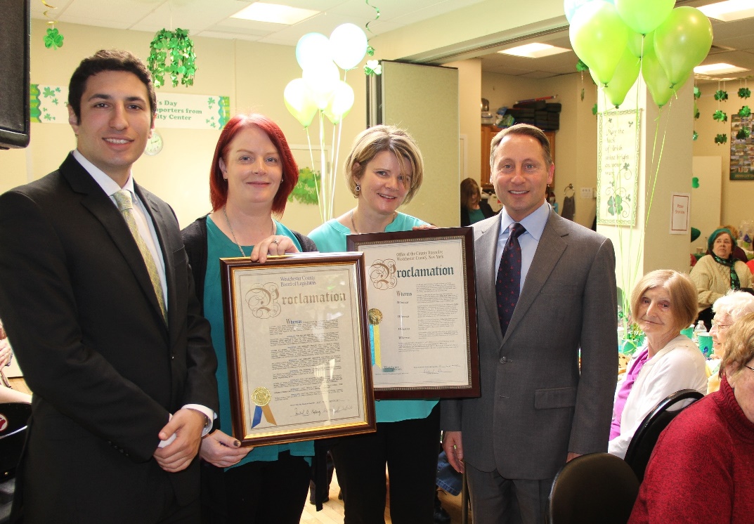 Westchester County Executive Robert P. Astorino (right) and Legislator David Tubiolo (left) present proclamations to Órla Kelleher, Executive Director of the Aisling Irish Community Center, and Caitriona Clarke, Chairperson of the Board, declaring March 21, 2017, to be “Aisling Irish Community Center Recognition Day.