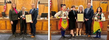 L – R Leg. Emiljana Ulaj, Hon. Joseph J. DioGuardi, Chairman Vedat Gashi;  Minority Leader Margaret Cunzio, Angjelina Nika, Chairman Vedat Gashi with Albanian Dancers