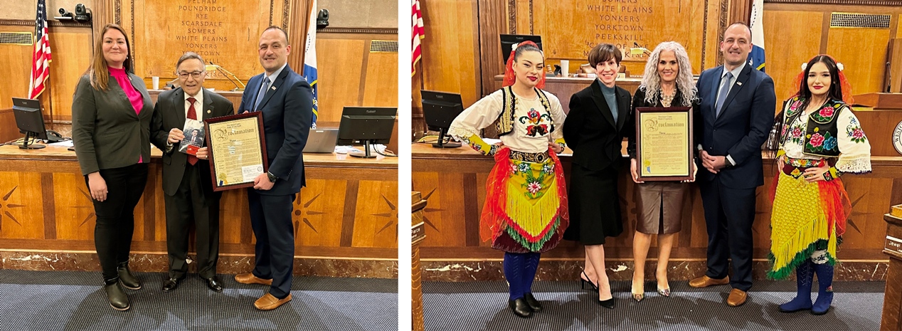 L – R Leg. Emiljana Ulaj, Hon. Joseph J. DioGuardi, Chairman Vedat Gashi;  Minority Leader Margaret Cunzio, Angjelina Nika, Chairman Vedat Gashi with Albanian Dancers