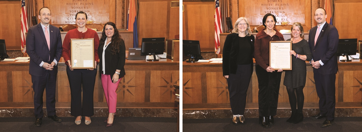 Legislators Gashi, Puja and Pierce present proclamations to honorees in the board chamber.