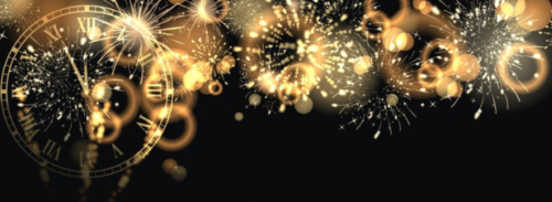 A festive New Year's Eve scene featuring golden fireworks, glowing bokeh lights, and a clock nearing midnight against a dark background.